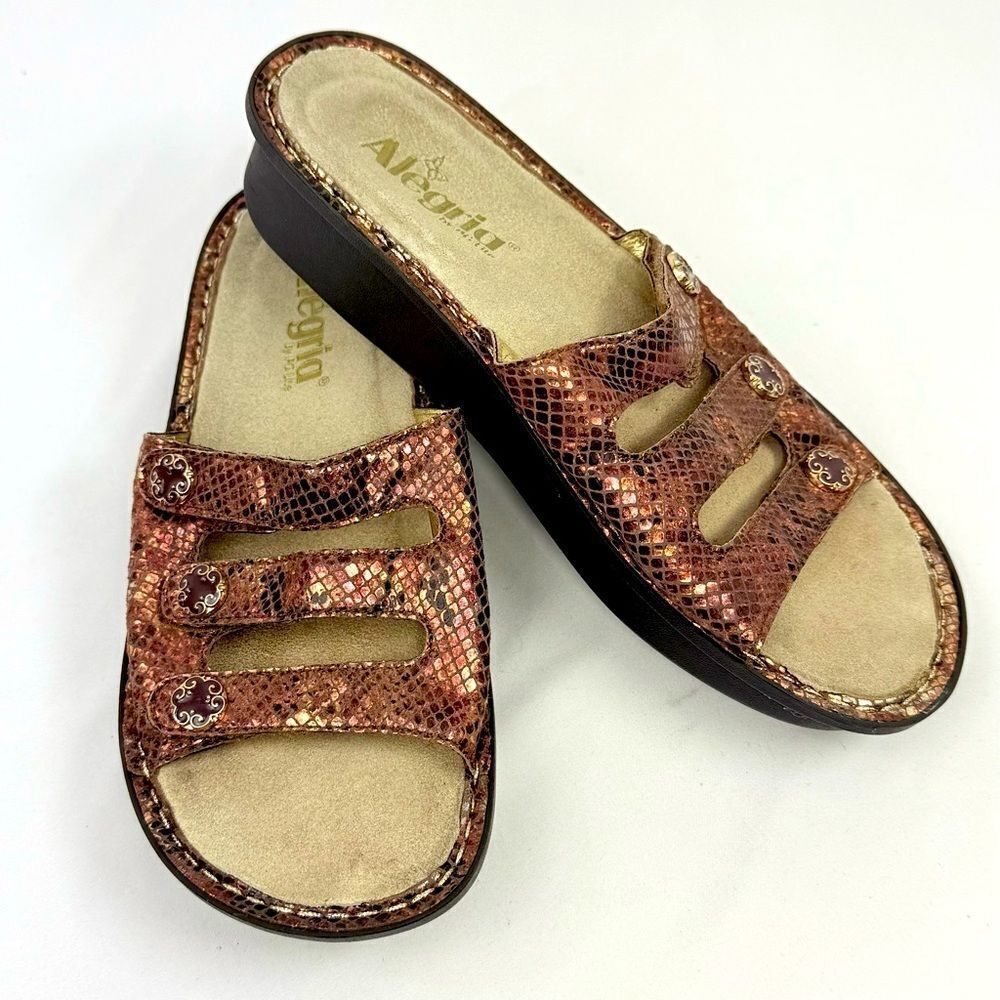 Alegria FIONA Copper Snakeskin Wedge Triple Strap Slide Support Sandals
